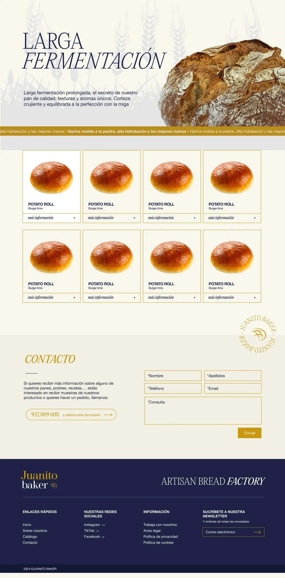 Mockup de la página de catálogo Larga Fermentación de Juanito Baker con titular en serif italic, foto rústica de boule, marquee "Harina molida a la piedra, alta hidratación y las mejores manos" y grid 4×2 de productos artesanos