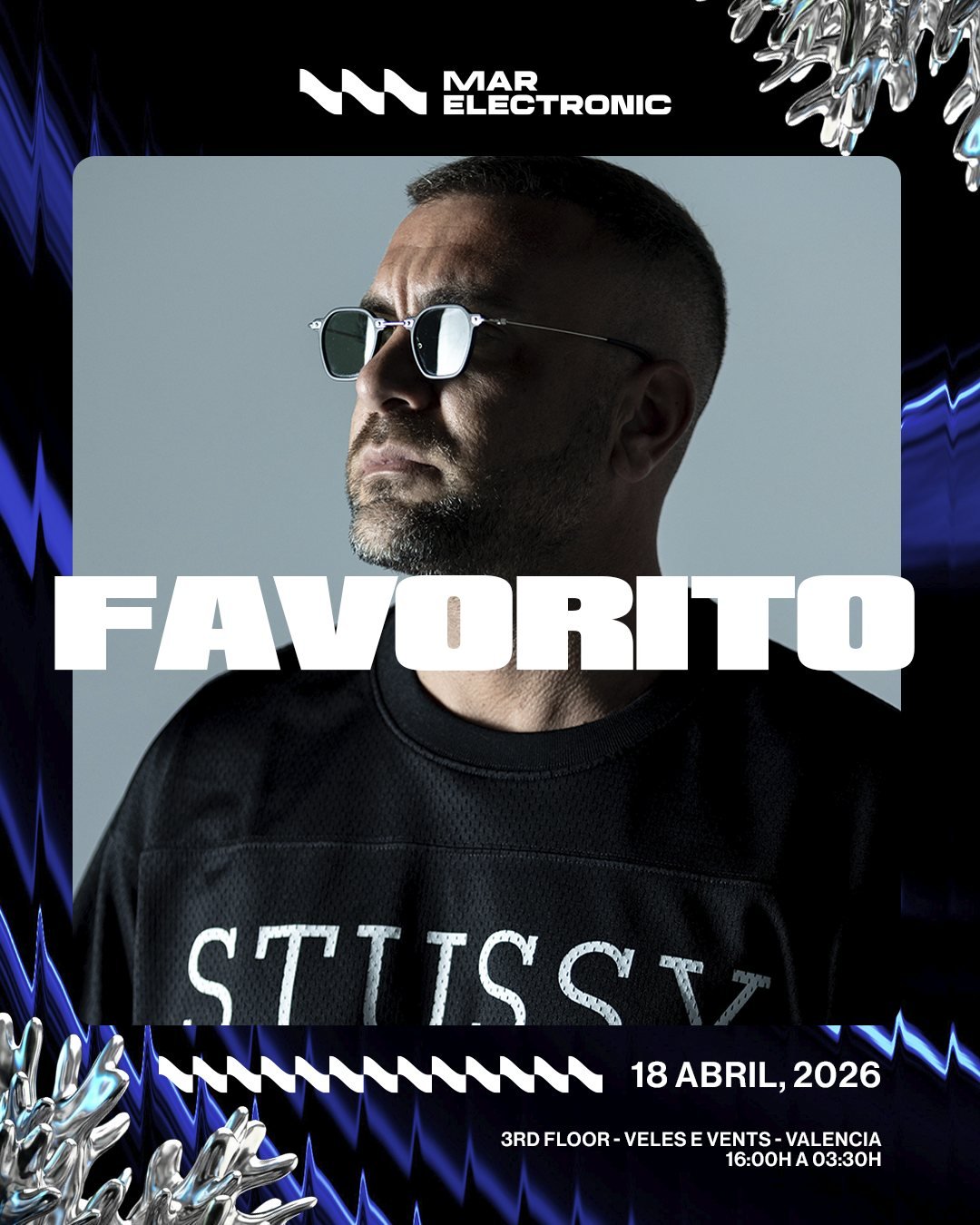 Anuncio del DJ Favorito con tipografía en blanco bordeada y mercurio líquido